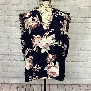 458. Blue Floral Print Sleeveless Blouse EUC Size Large